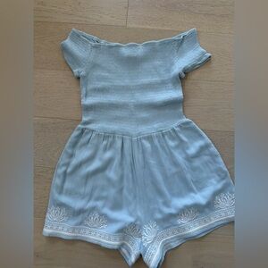 L-Space Baby Blue with White trim off the shoulder lined Romper